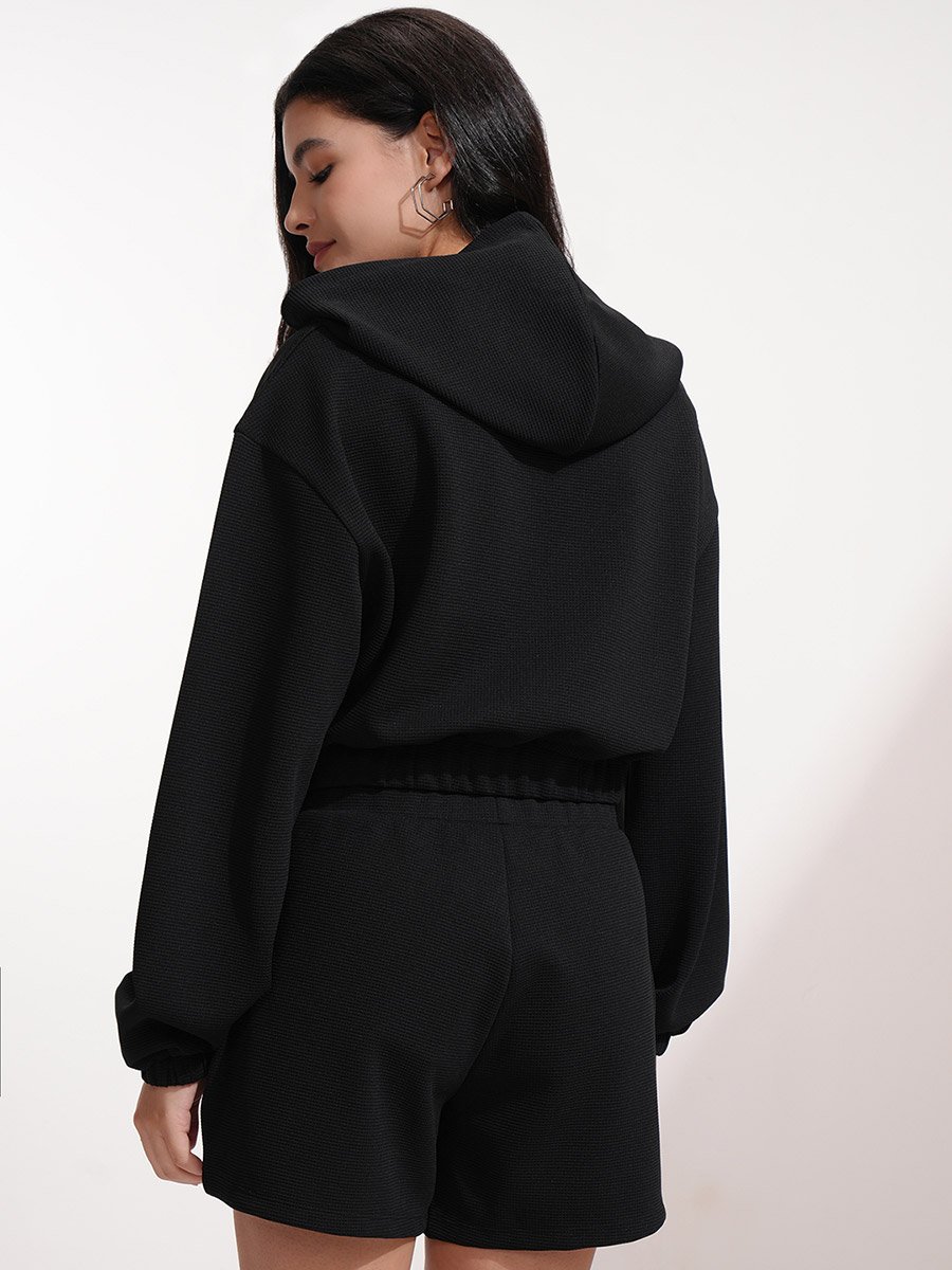 Solid Hooded Neck Top with Patch Detail and Shorts Co-Ords