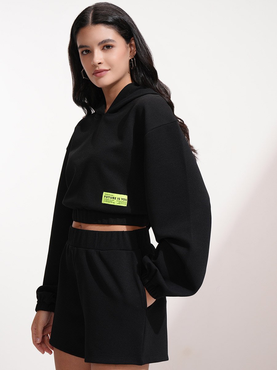 Solid Hooded Neck Top with Patch Detail and Shorts Co-Ords
