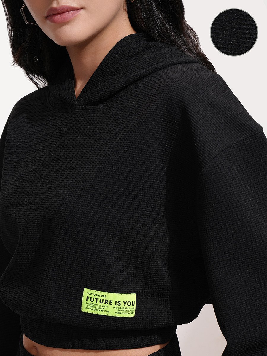 Solid Hooded Neck Top with Patch Detail and Shorts Co-Ords