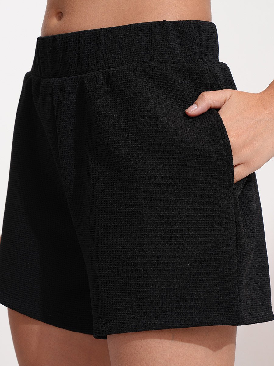 Solid Hooded Neck Top with Patch Detail and Shorts Co-Ords