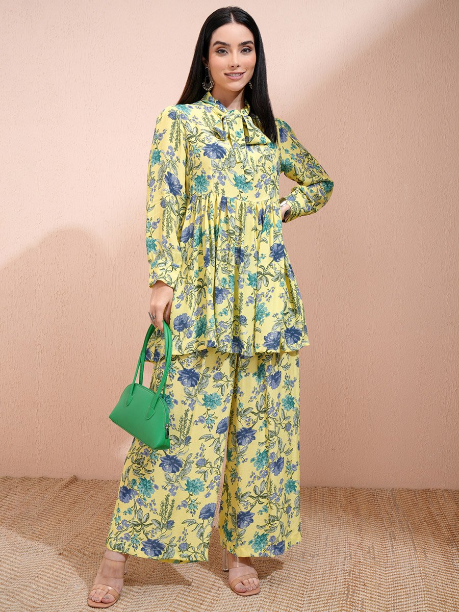 All-Over Floral Print Tie-Up Neck Longline Tunic with Palazzo Pants Set