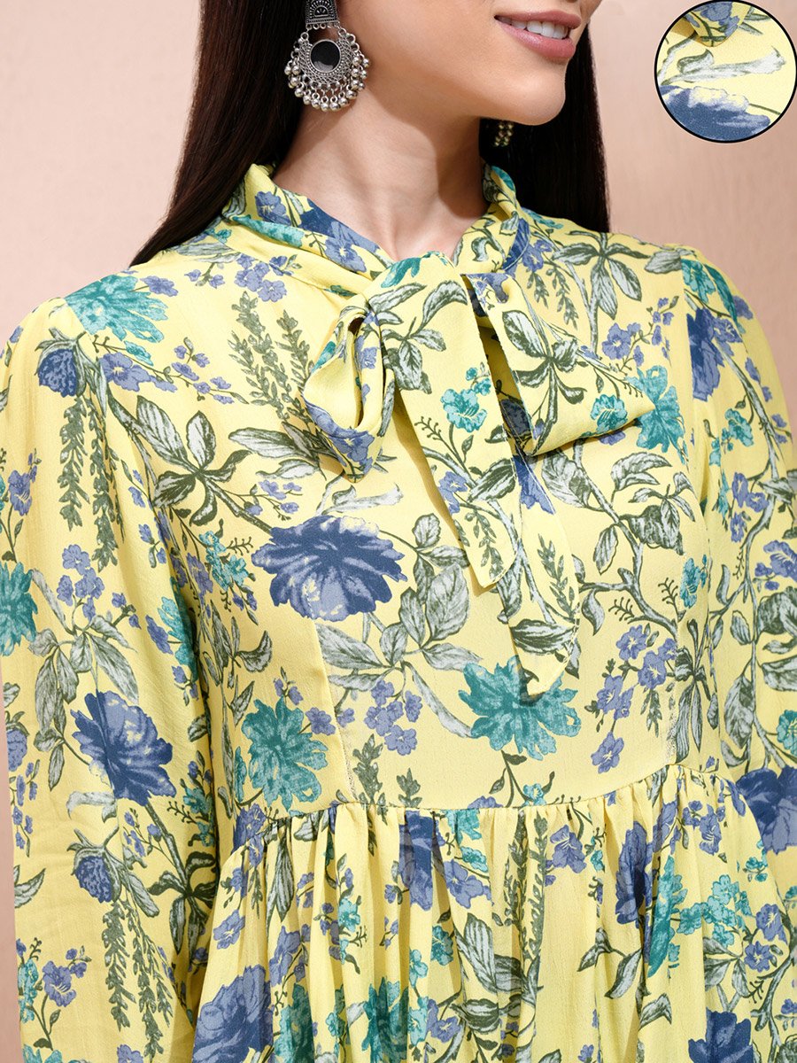 All-Over Floral Print Tie-Up Neck Longline Tunic with Palazzo Pants Set