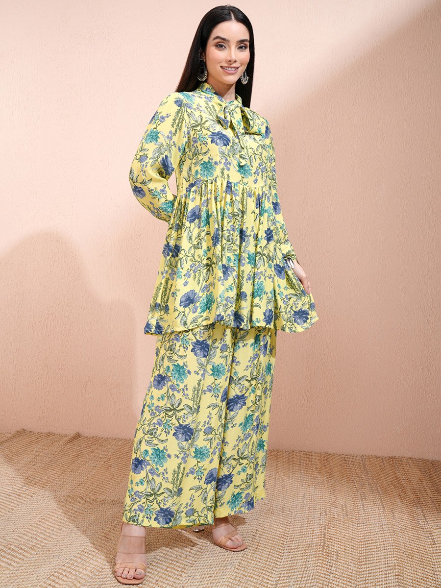 All-Over Floral Print Tie-Up Neck Longline Tunic with Palazzo Pants Set