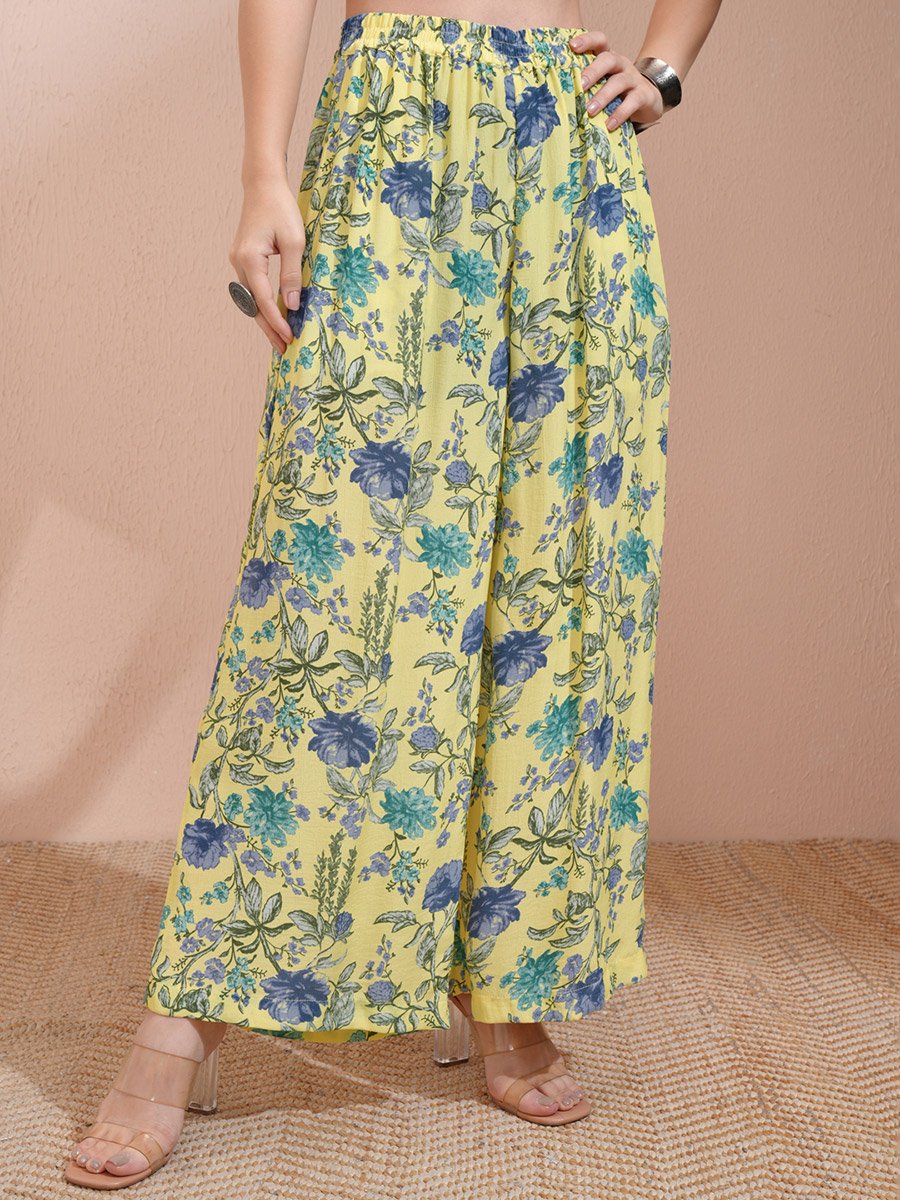 All-Over Floral Print Tie-Up Neck Longline Tunic with Palazzo Pants Set