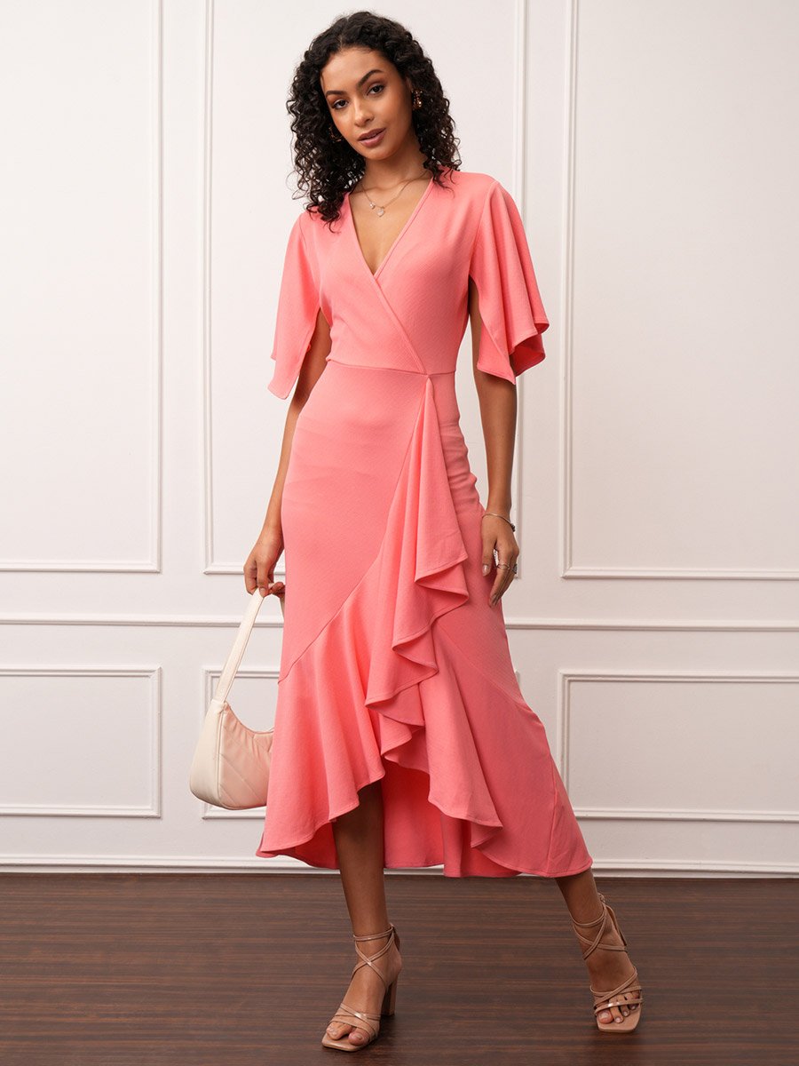 Solid Asymmetrical Hem Ruffled V-Neck Midi Dress For Women at Kuwait | Styli