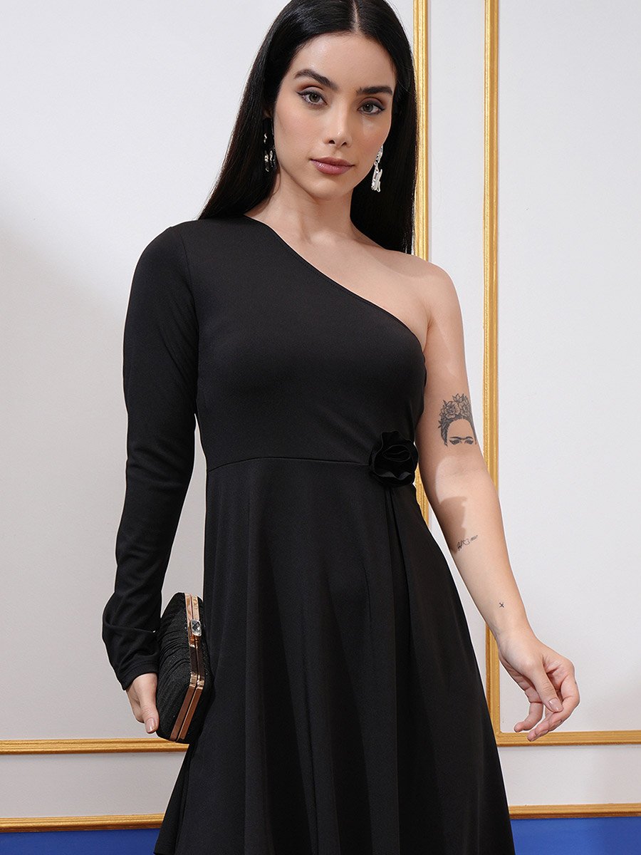 strapless open back dress Black Contrast Lace One Shoulder Asymmetric Hem Midi Dress  AX Paris