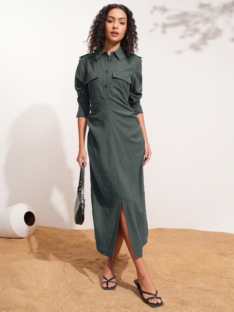 Solid Collared Shirt Midi Dress with Front Slit Detail