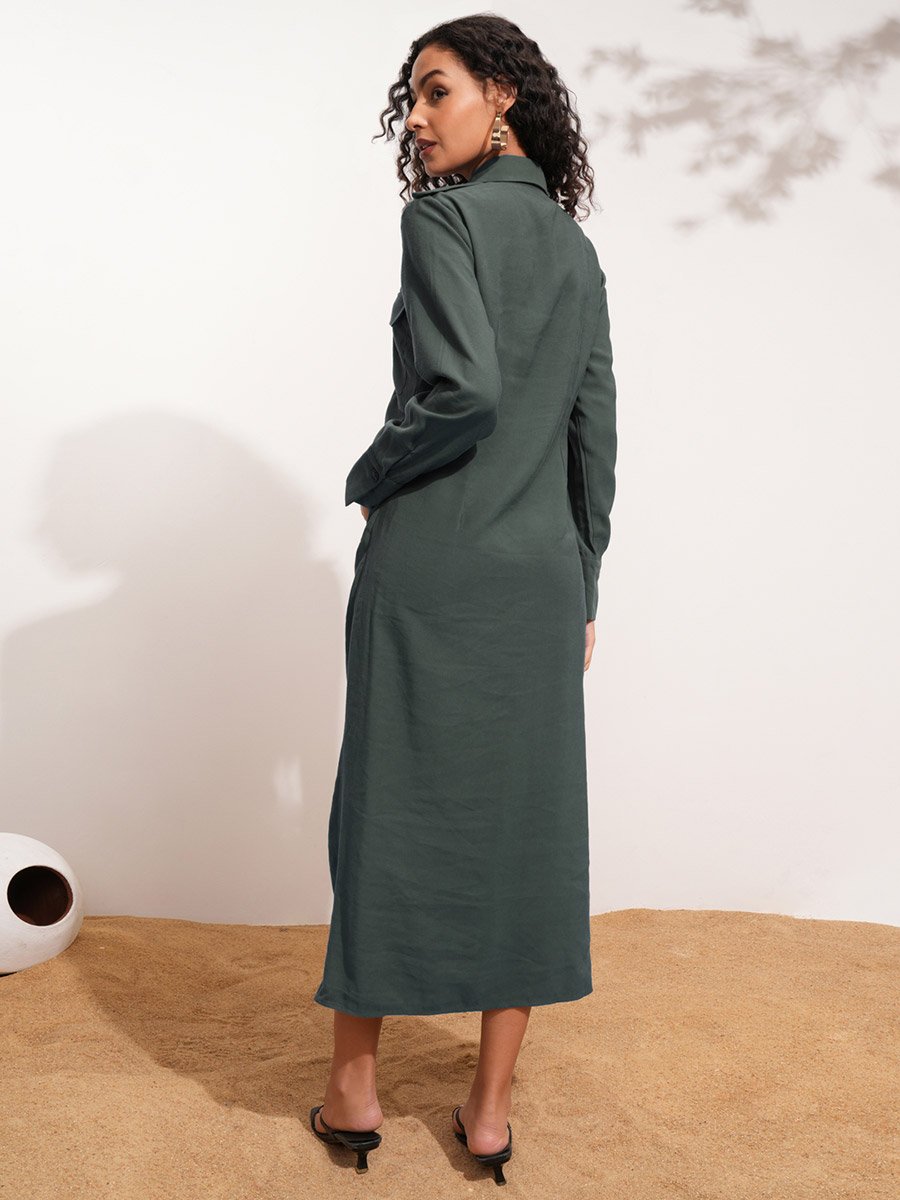Solid Collared Shirt Midi Dress with Front Slit Detail
