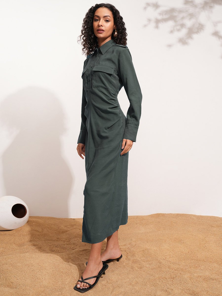Solid Collared Shirt Midi Dress with Front Slit Detail