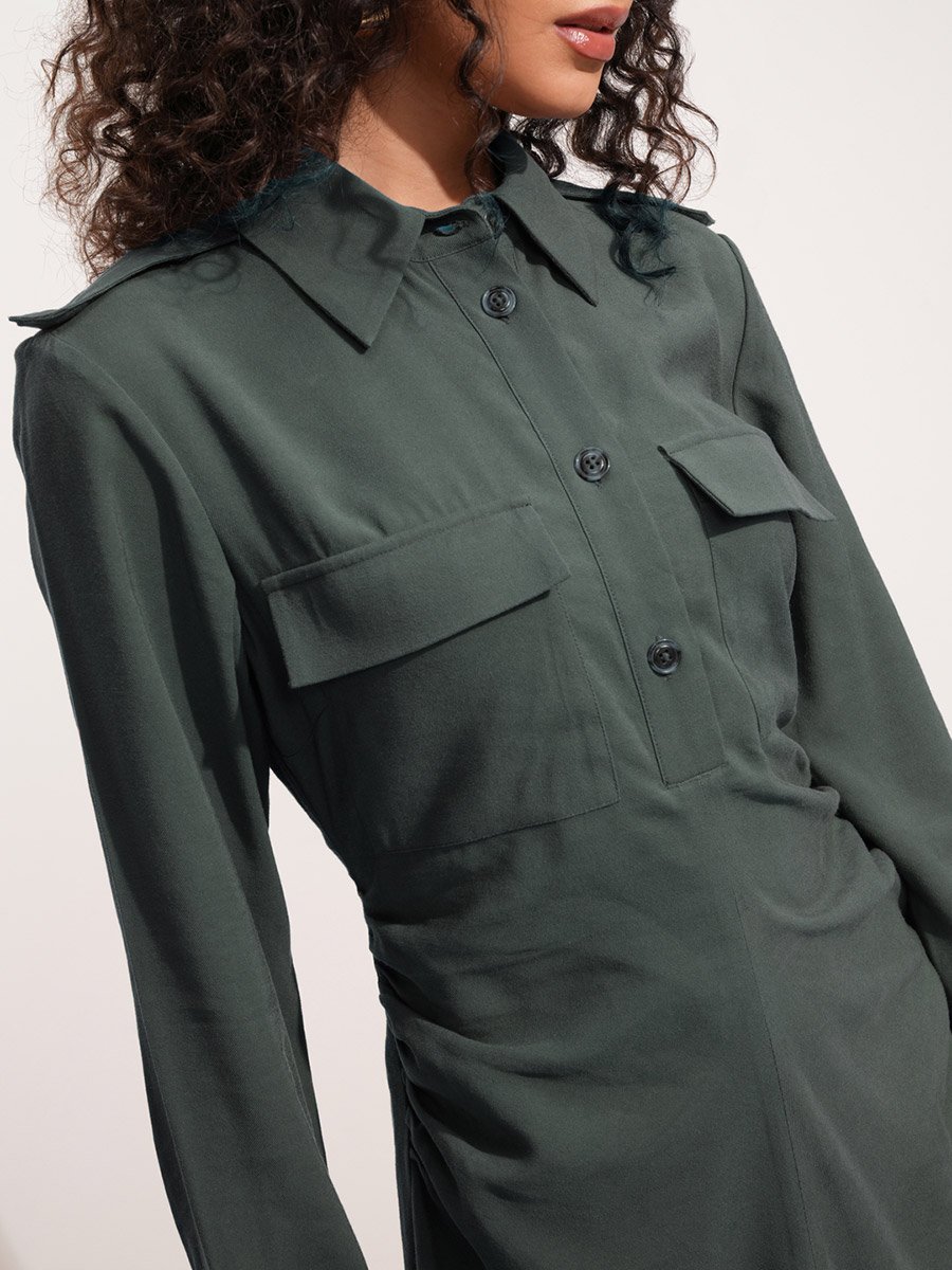 Solid Collared Shirt Midi Dress with Front Slit Detail