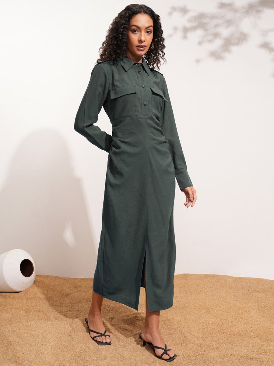 Solid Collared Shirt Midi Dress with Front Slit Detail