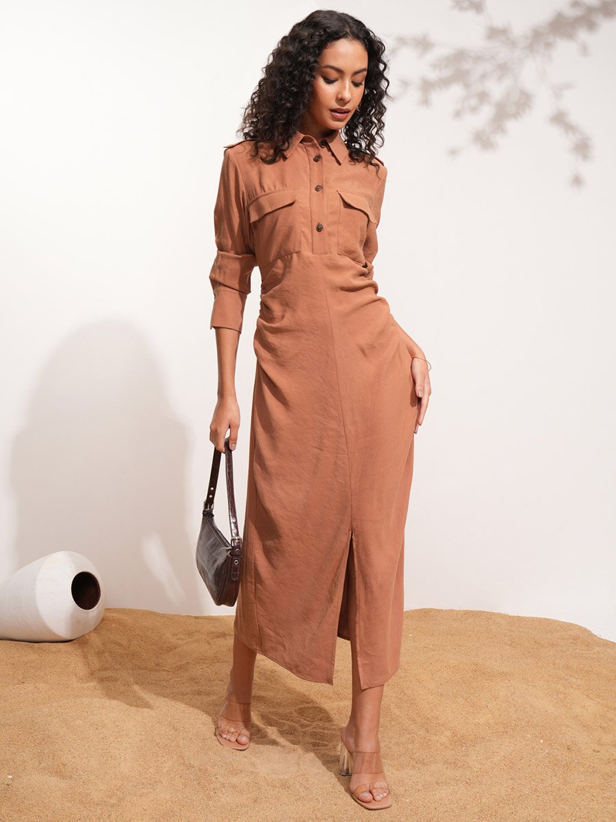 Solid Collared Shirt Midi Dress with Front Slit Detail
