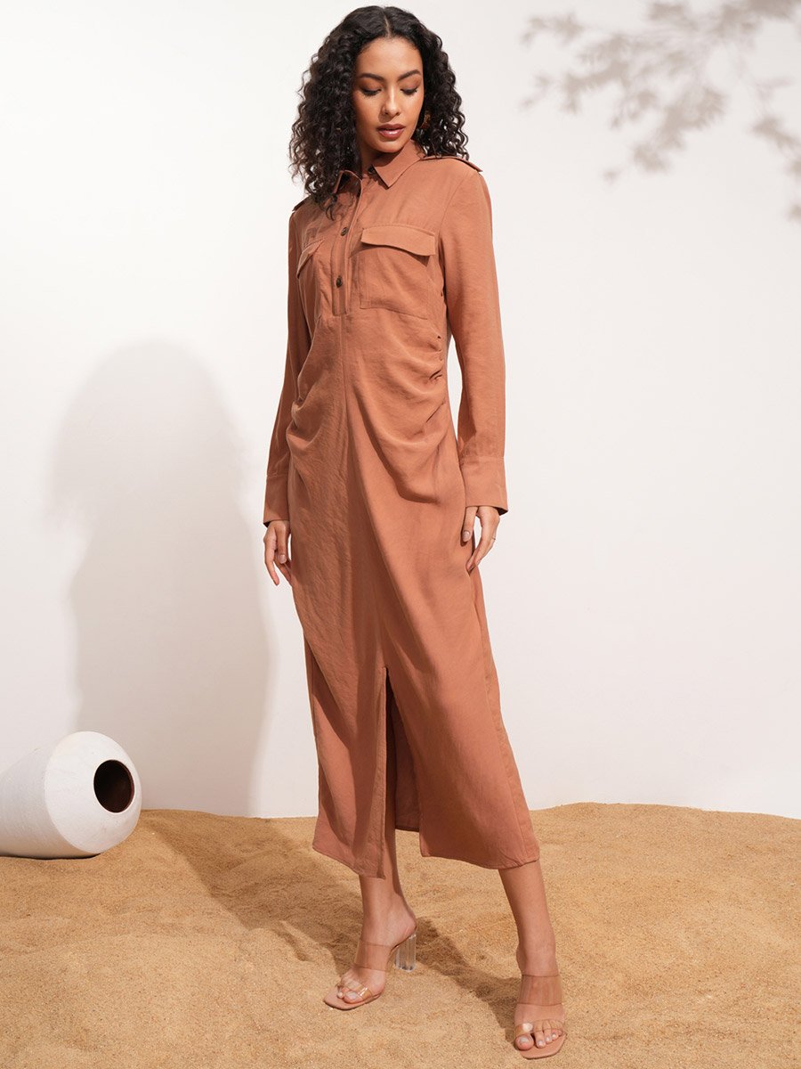 Solid Collared Shirt Midi Dress with Front Slit Detail