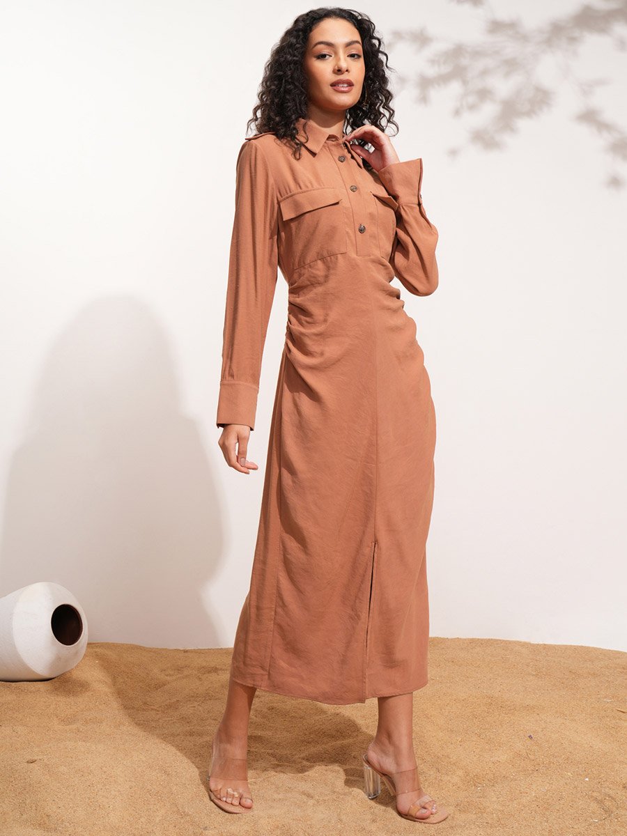Solid Collared Shirt Midi Dress with Front Slit Detail