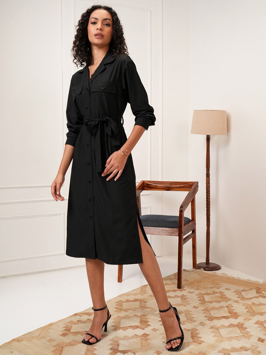 Solid Shirt Midi Dress with Waist Tie Detail