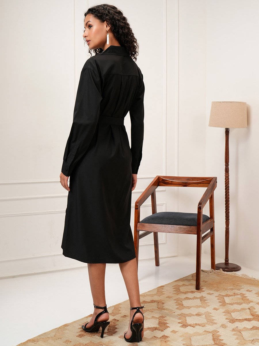 Solid Shirt Midi Dress with Waist Tie Detail