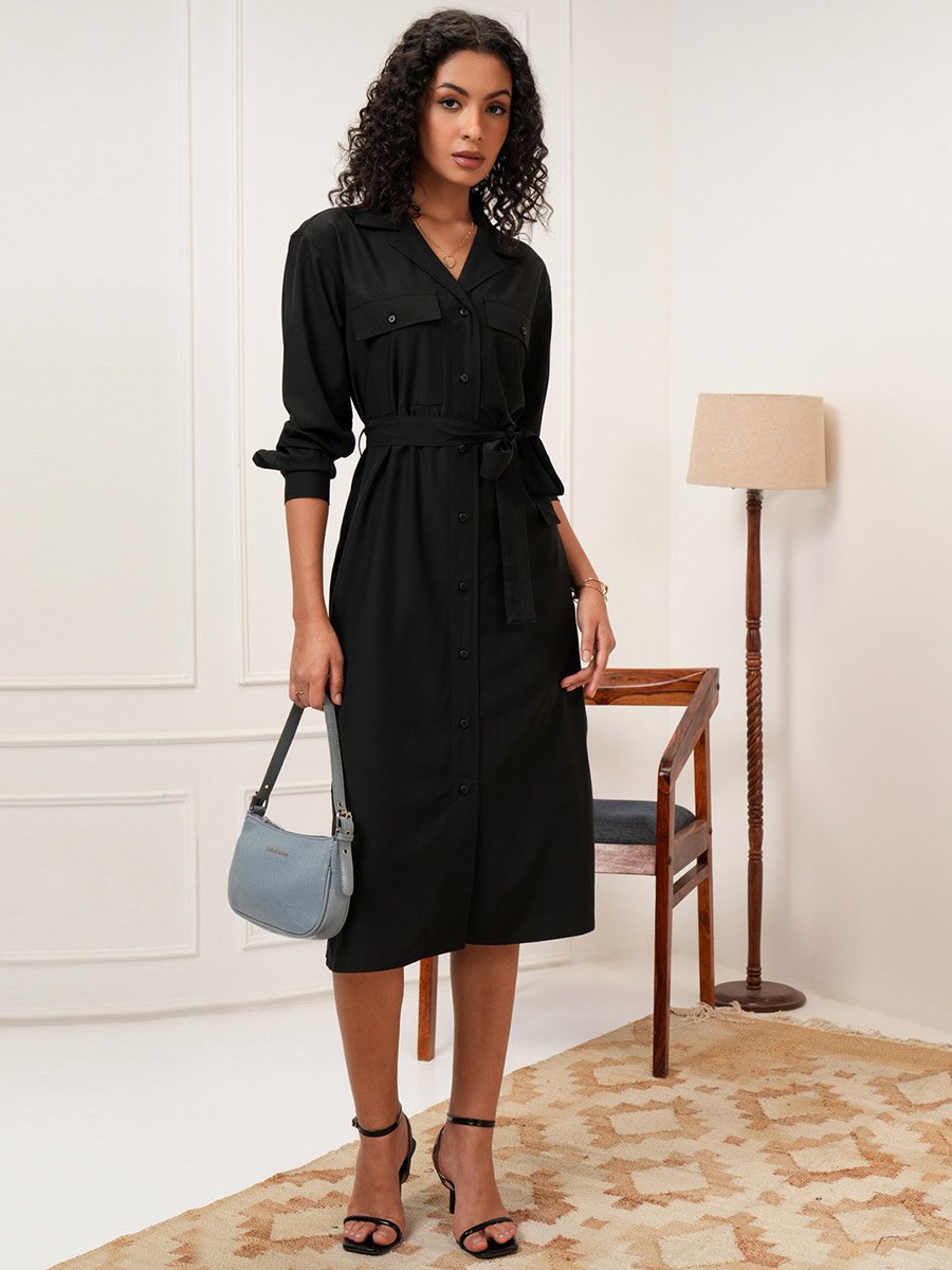 Solid Shirt Midi Dress with Waist Tie Detail