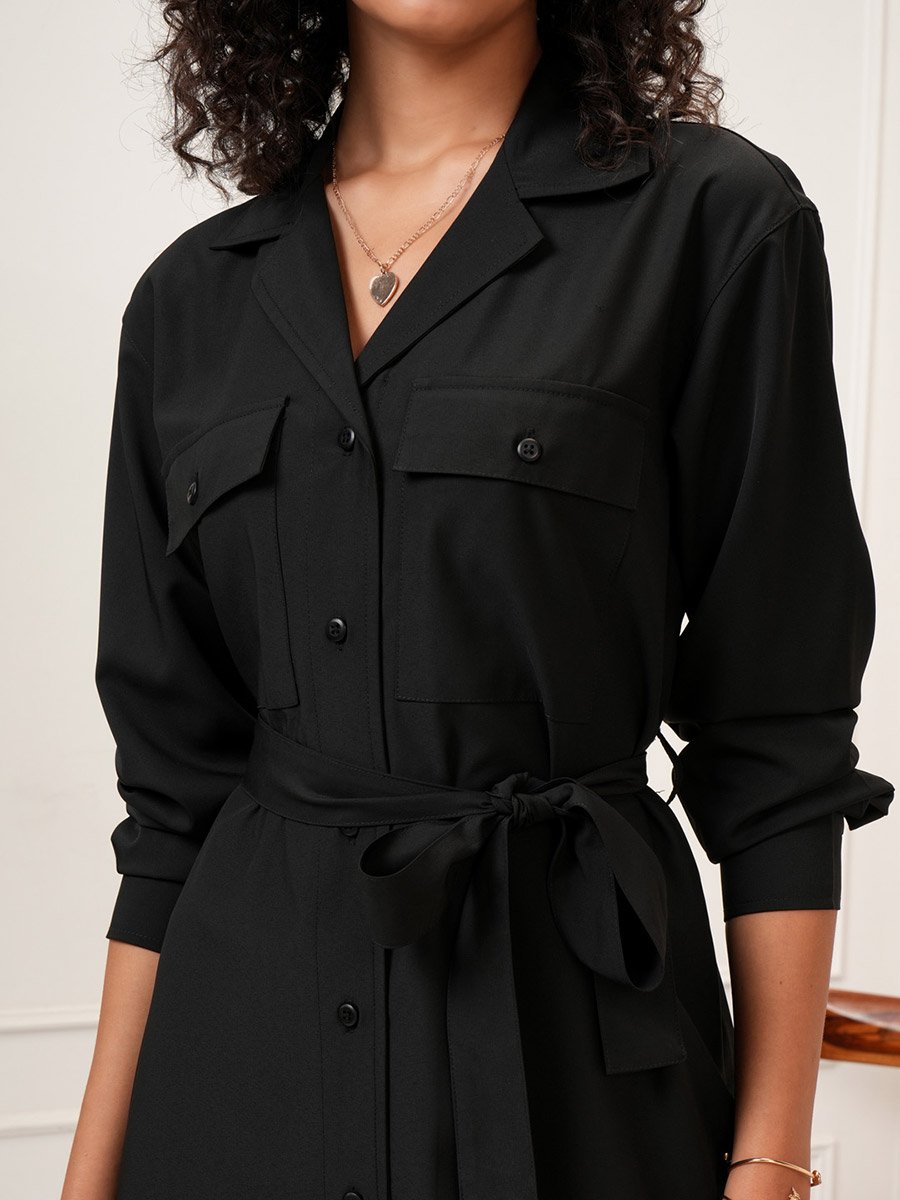 Solid Shirt Midi Dress with Waist Tie Detail