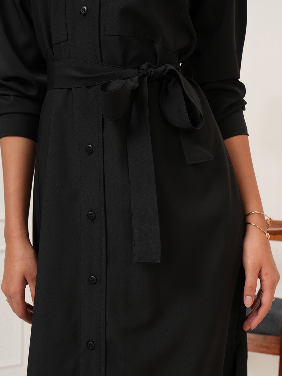 Solid Shirt Midi Dress with Waist Tie Detail