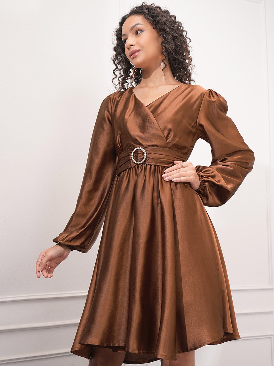 Satin Puff Sleeve Knee Length Dress with Smocked Detail