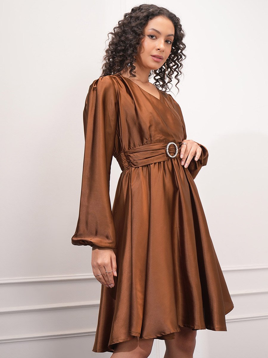 Satin Puff Sleeve Knee Length Dress with Smocked Detail