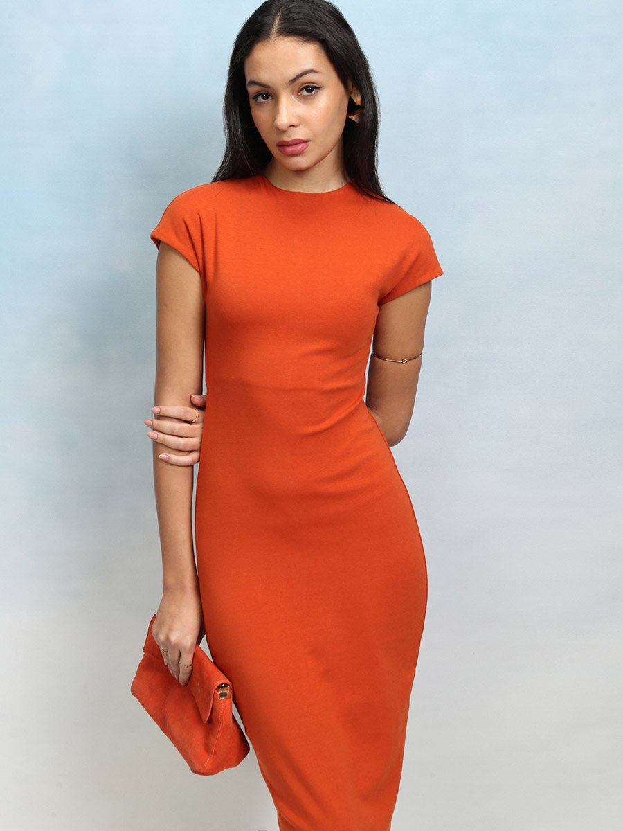 Solid Round Neck Bodycon Midi Dress