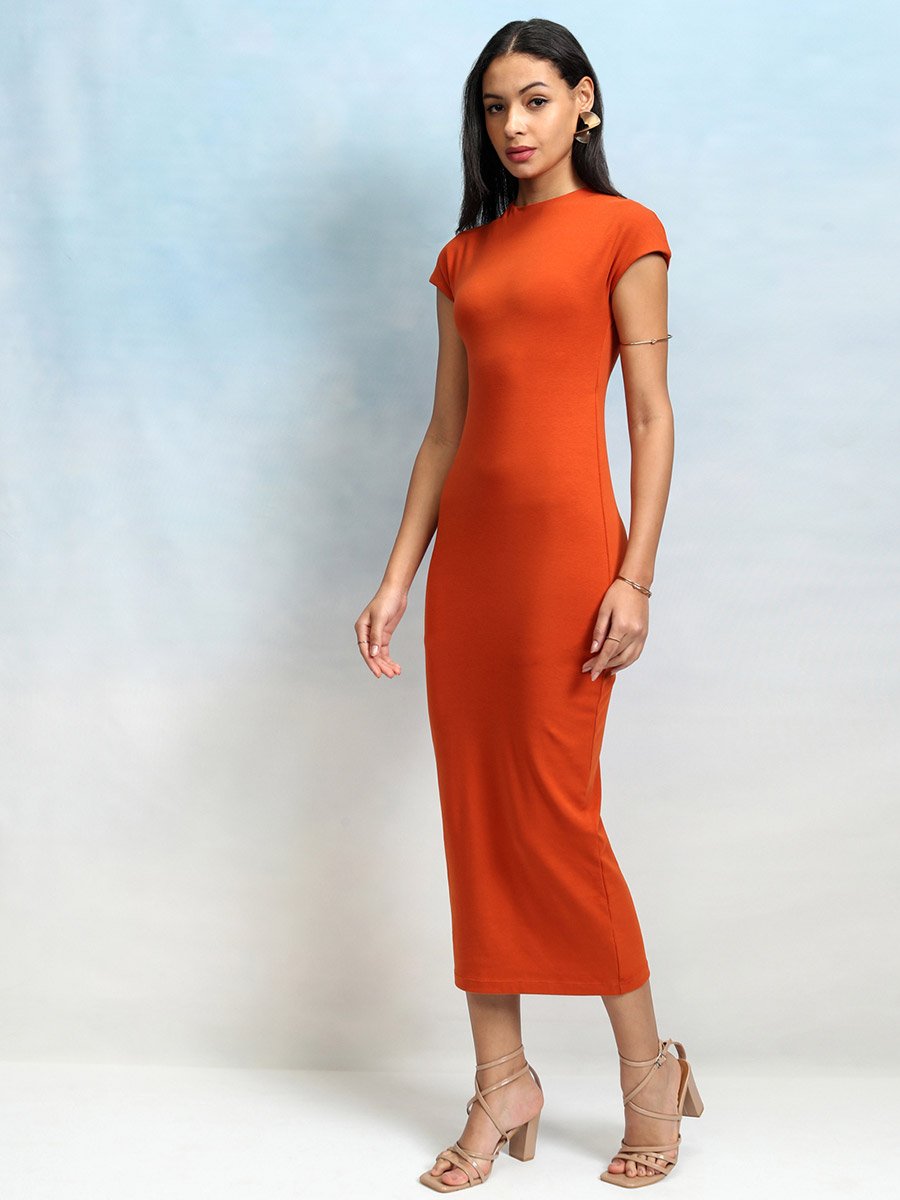 Solid Round Neck Bodycon Midi Dress
