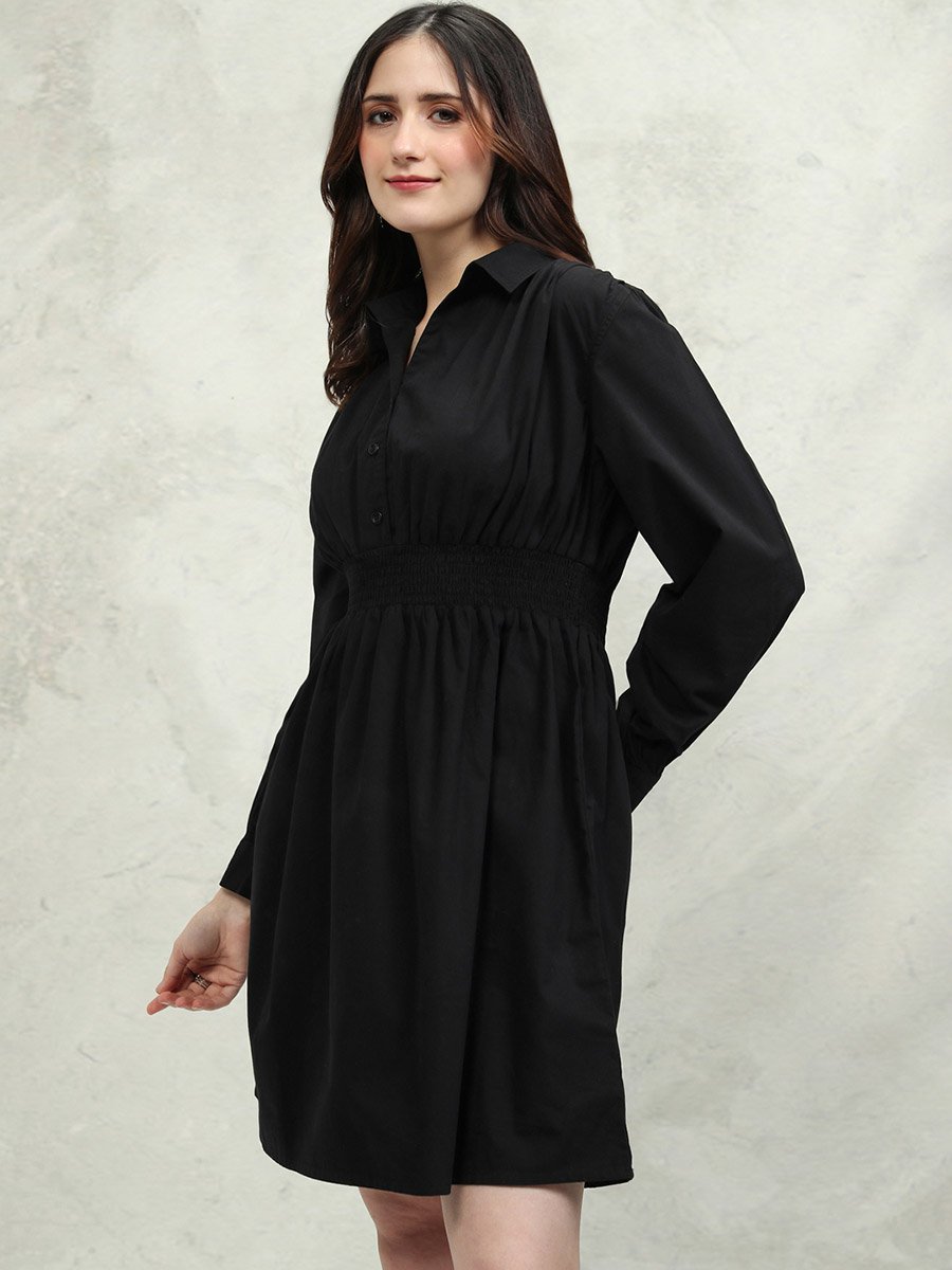 Solid Cotton Collared Mini Dress with Smocked Detail