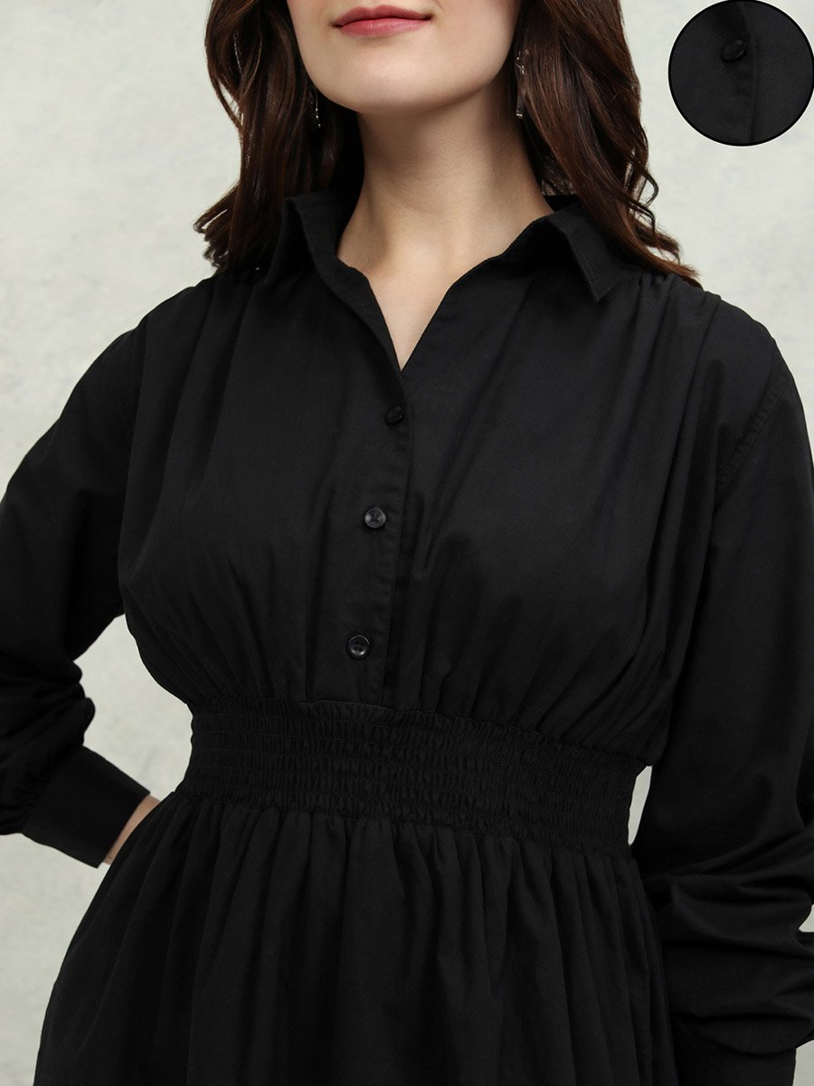 Solid Cotton Collared Mini Dress with Smocked Detail