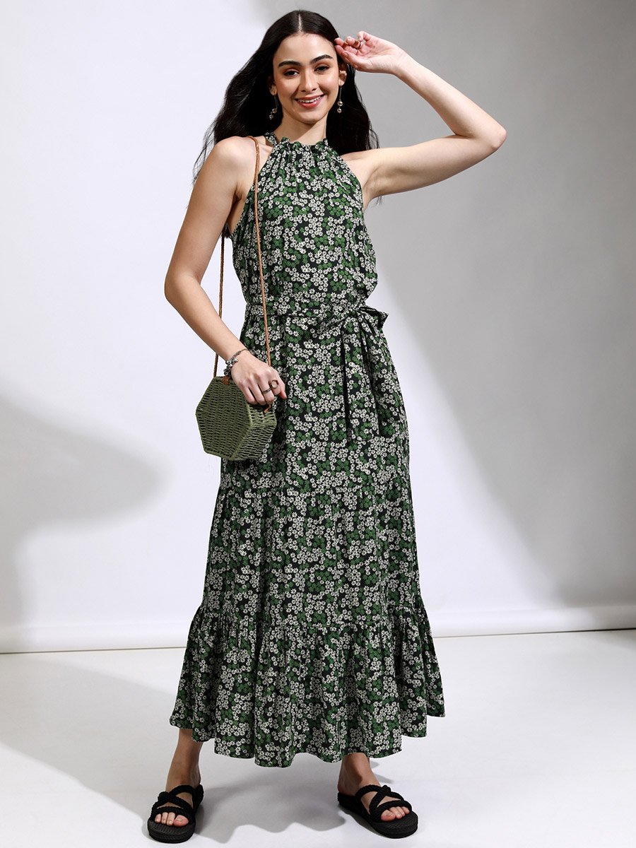 All-Over Floral Print Halter Neck A-Line Maxi Dress