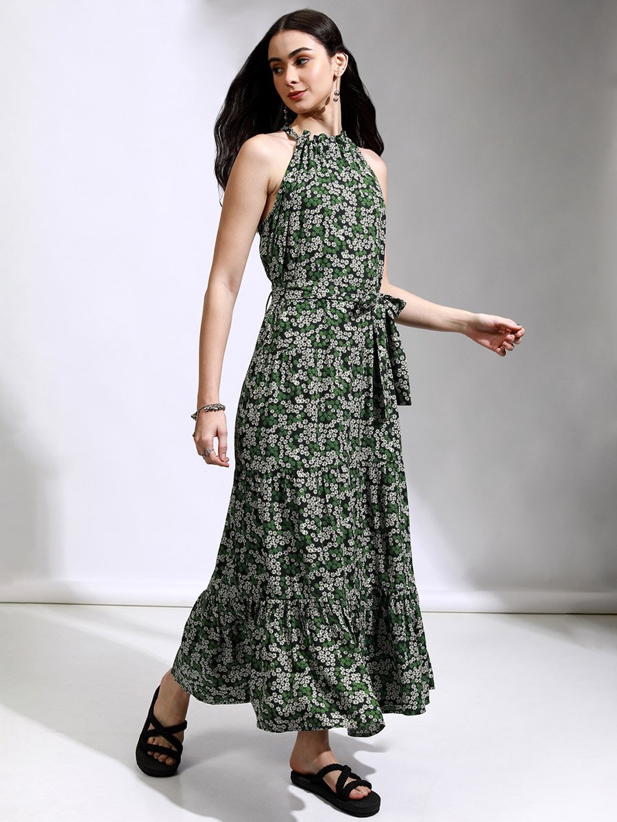 All-Over Floral Print Halter Neck A-Line Maxi Dress