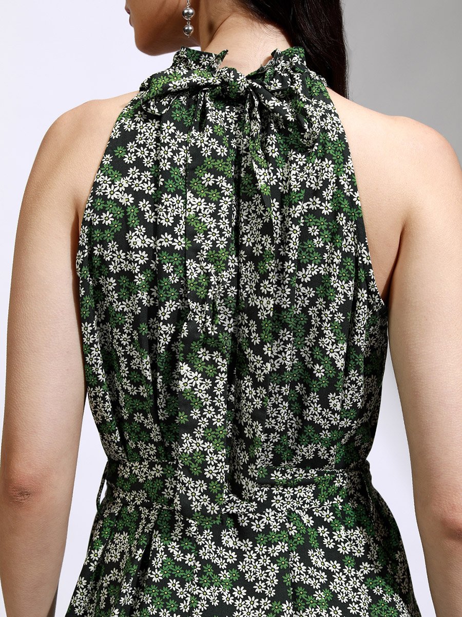 All-Over Floral Print Halter Neck A-Line Maxi Dress
