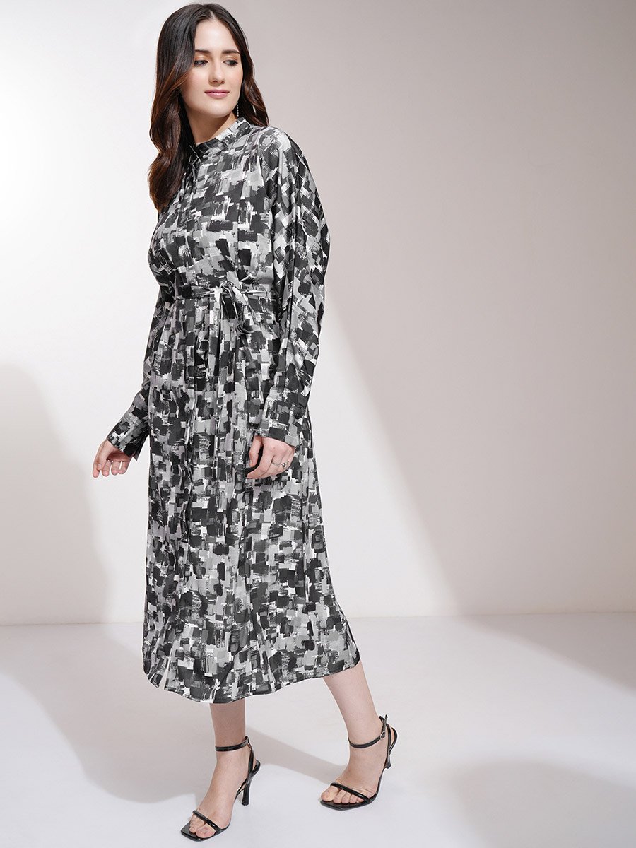 All-Over Print Batwing Sleeve A-Line Midi Dress