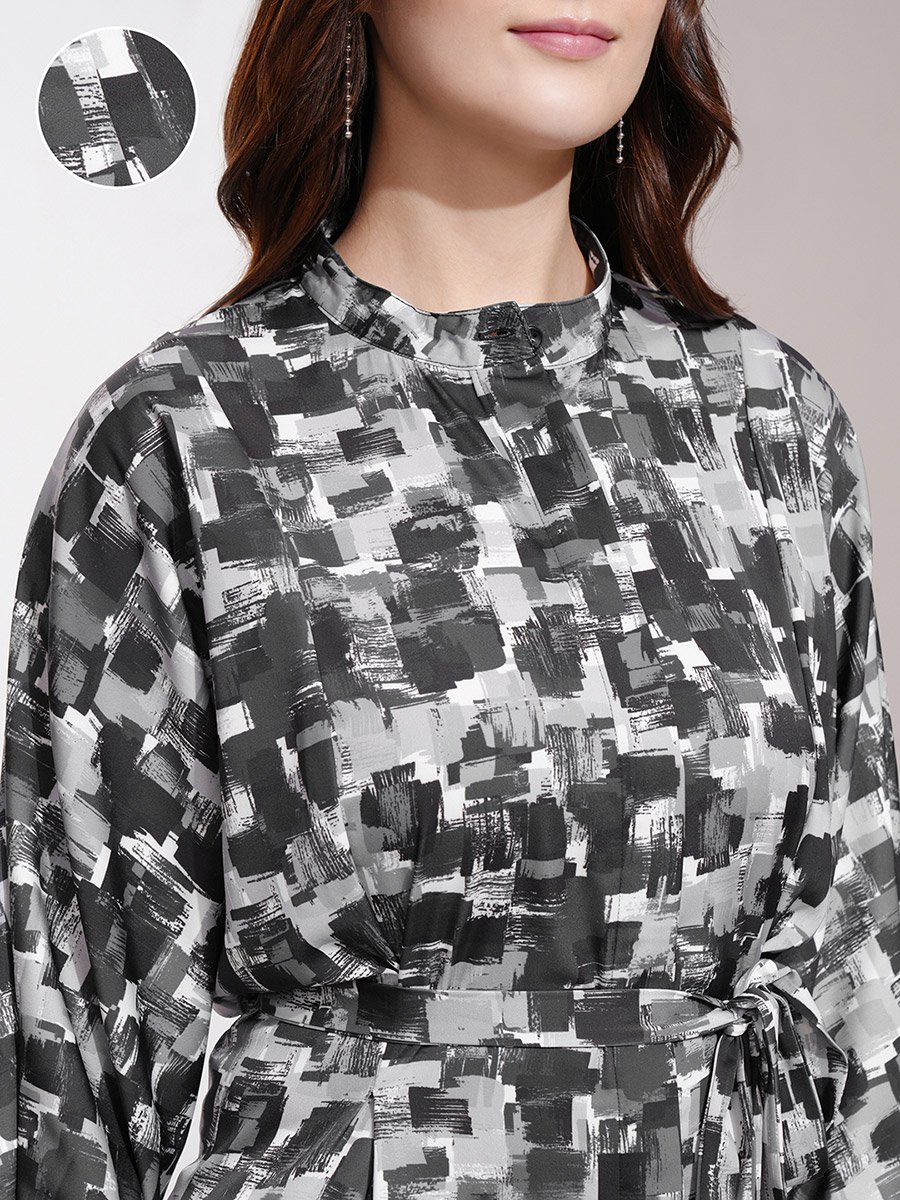 All-Over Print Batwing Sleeve A-Line Midi Dress