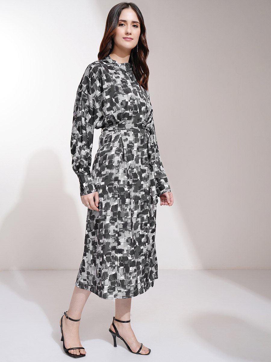 All-Over Print Batwing Sleeve A-Line Midi Dress