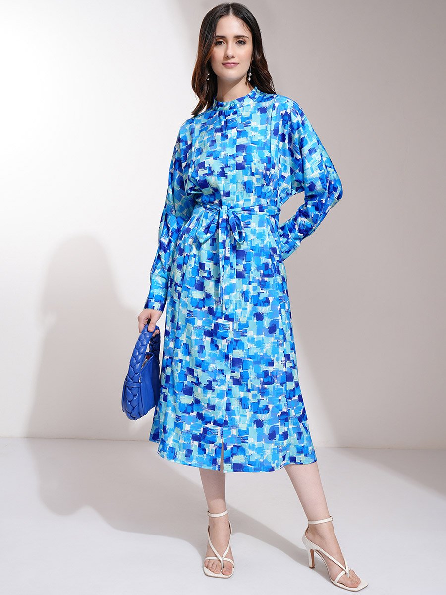 All-Over Print Batwing Sleeve A-Line Midi Dress