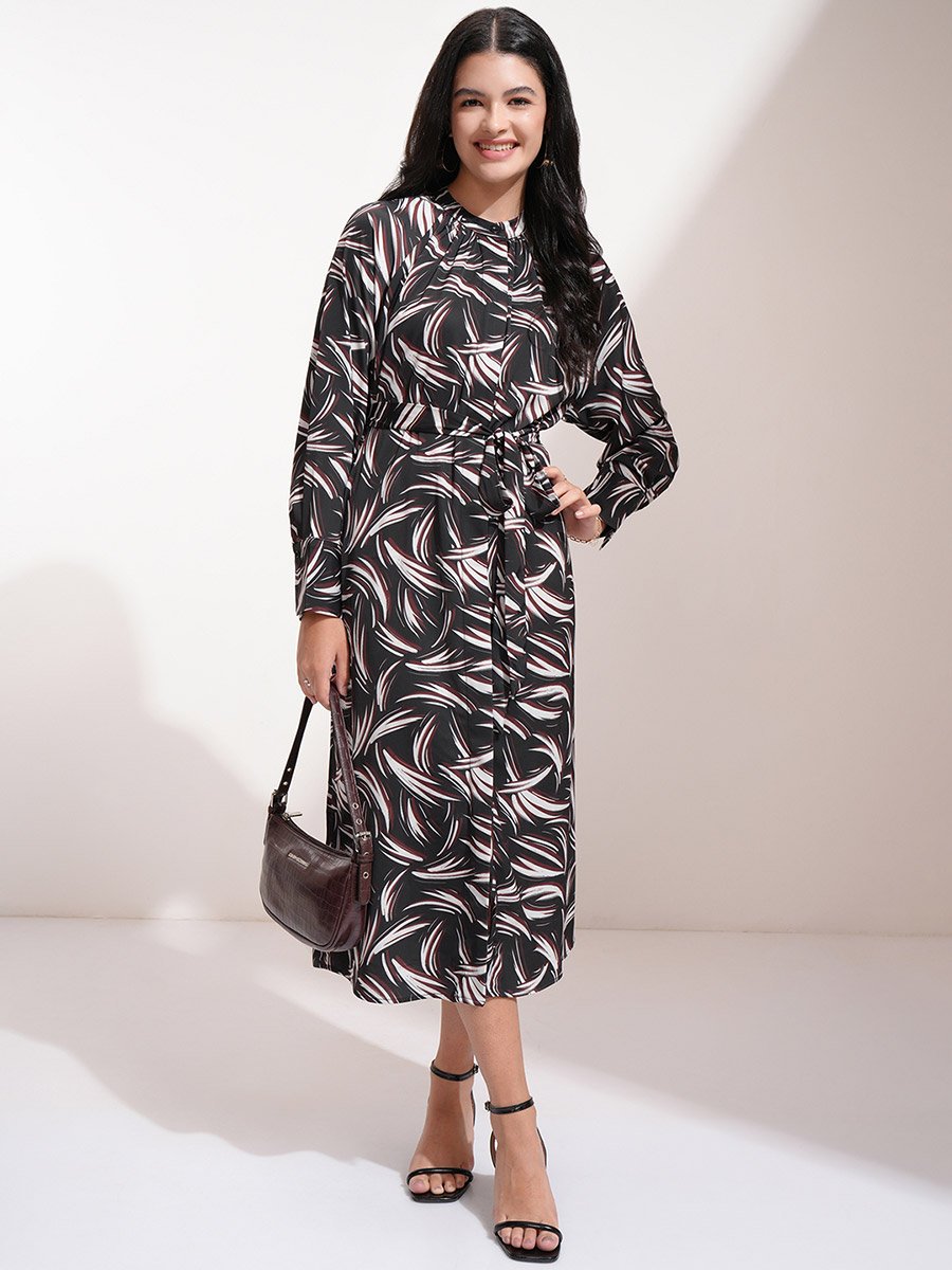 All-Over Print Waist Tie-Up Midi Dress