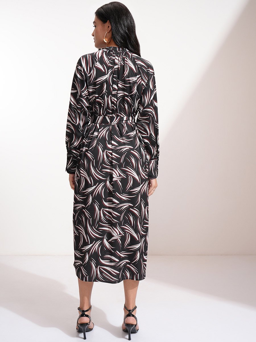 All-Over Print Waist Tie-Up Midi Dress