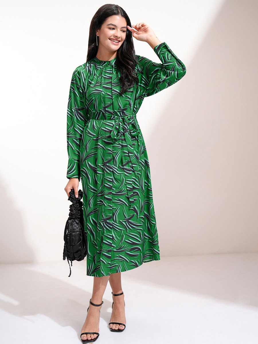 All-Over Print Waist Tie-Up Midi Dress