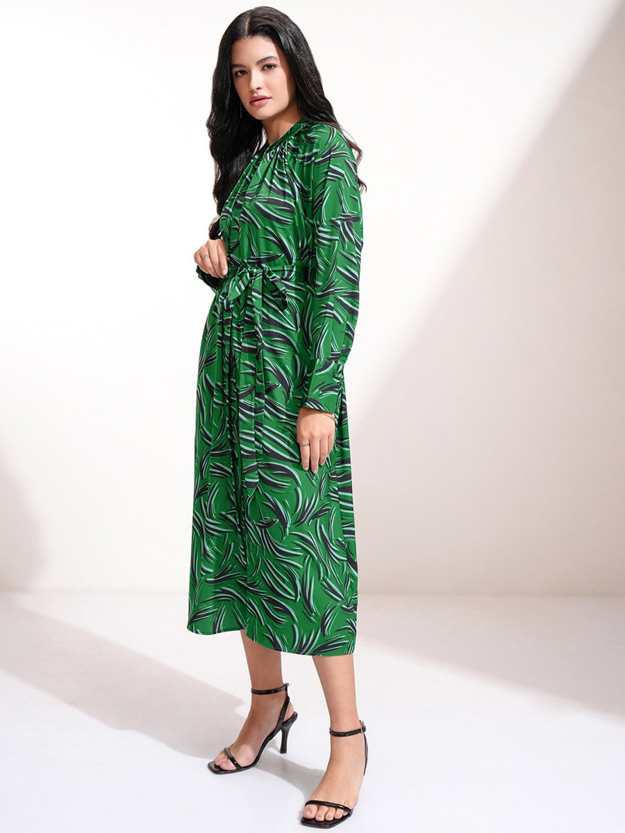 All-Over Print Waist Tie-Up Midi Dress