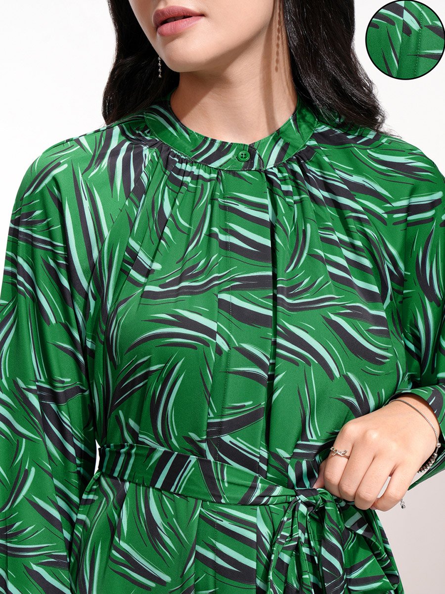All-Over Print Waist Tie-Up Midi Dress