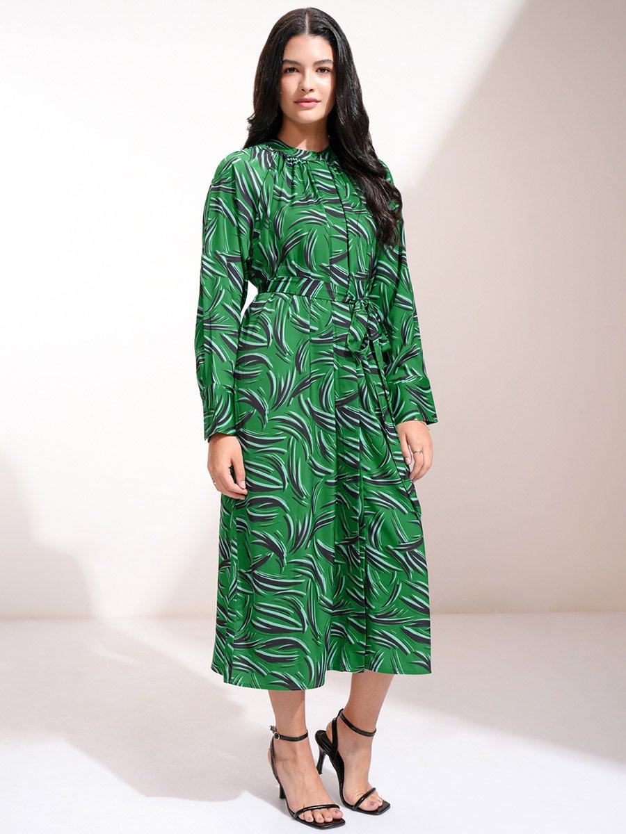 All-Over Print Waist Tie-Up Midi Dress