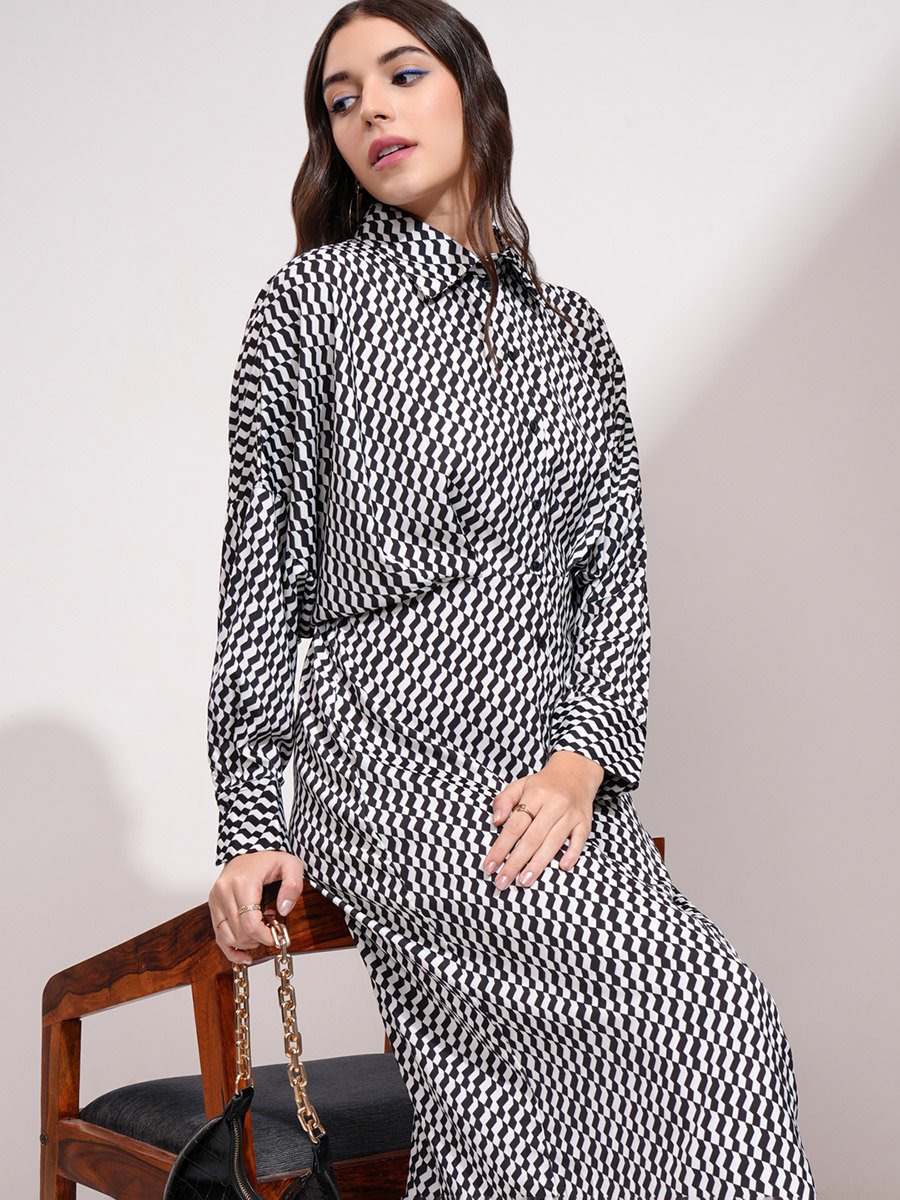 All Over Print Shirt Midi Dress with Button Placket