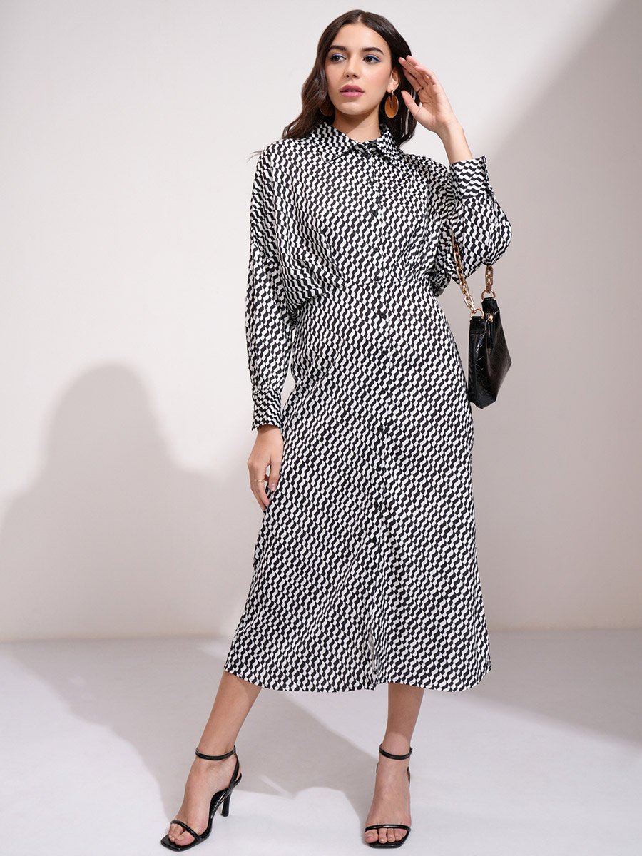 All Over Print Shirt Midi Dress with Button Placket