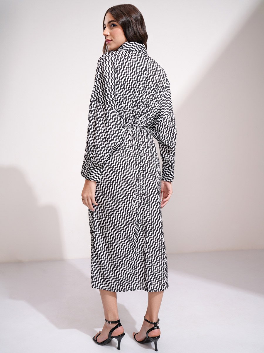 All Over Print Shirt Midi Dress with Button Placket