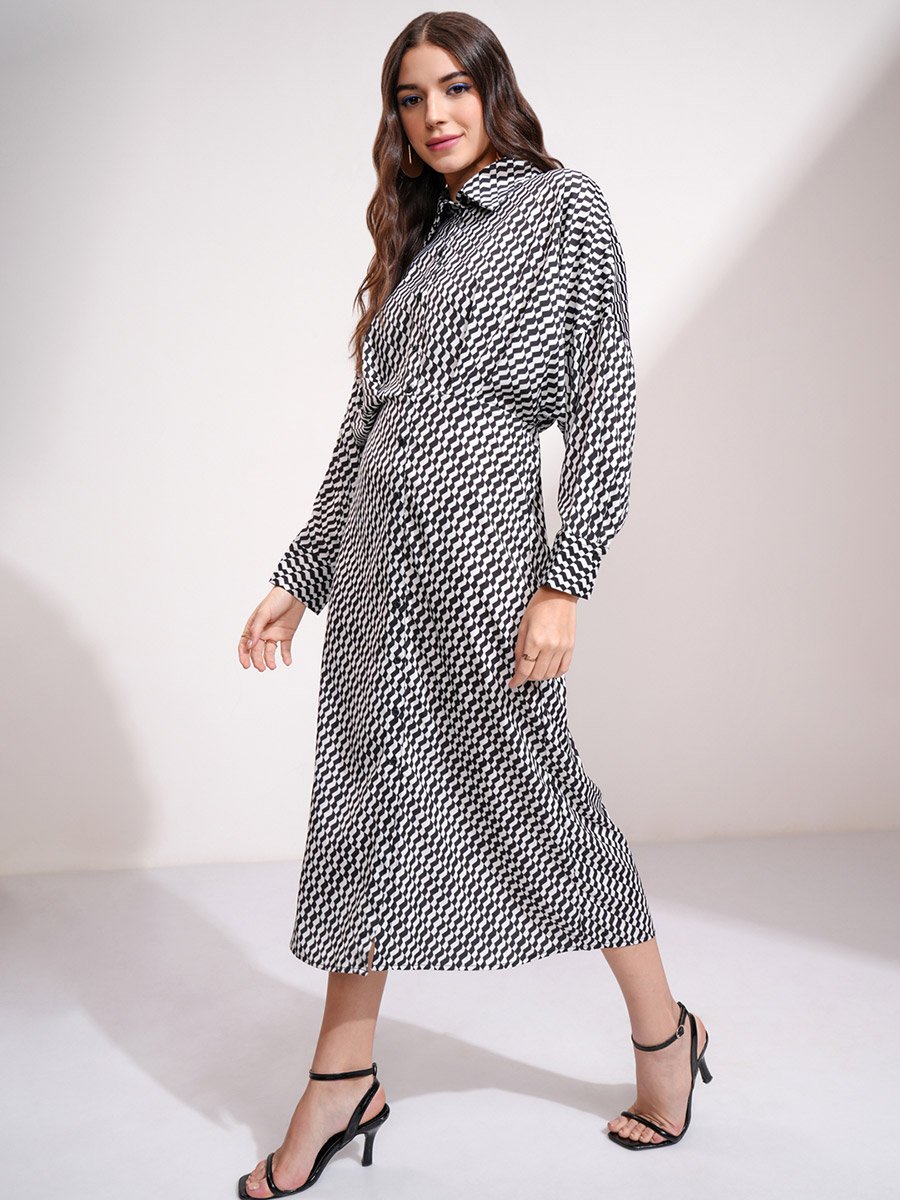 All Over Print Shirt Midi Dress with Button Placket