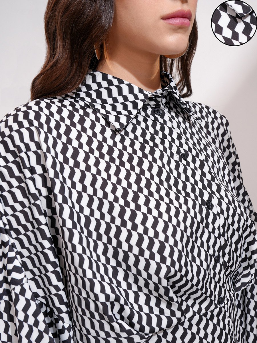 All Over Print Shirt Midi Dress with Button Placket