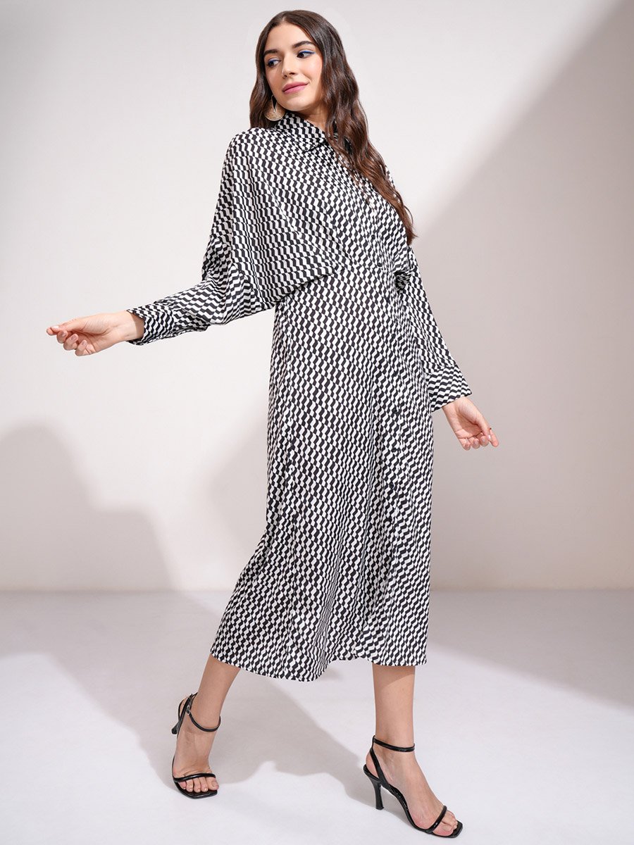 All Over Print Shirt Midi Dress with Button Placket