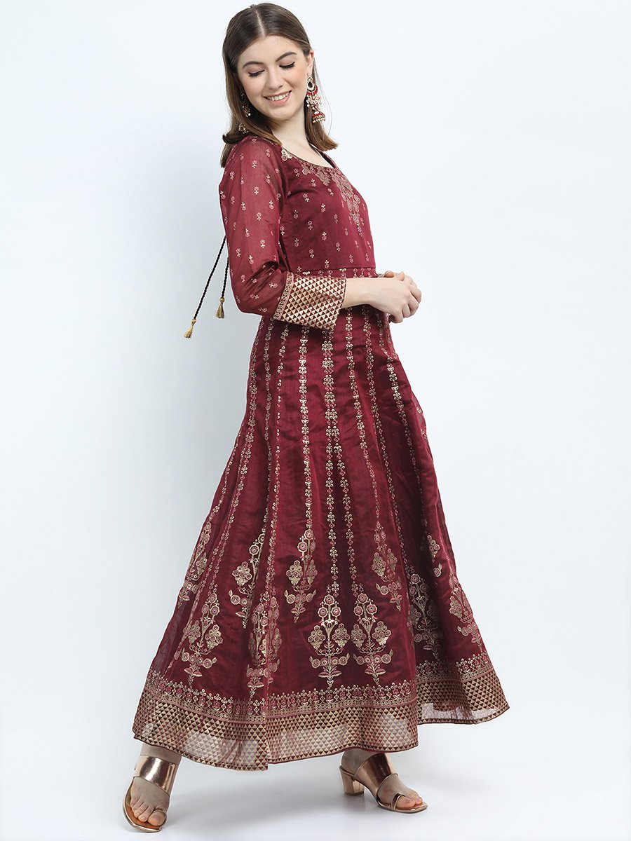 chinese dress ladies Floral Embroidered Fit & Flare Maxi Ethnic Dresses with Dupatta S-36 main image 1