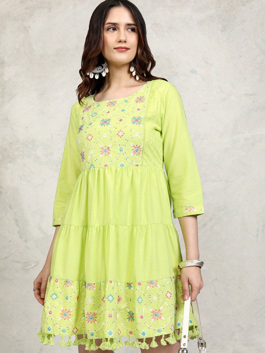 Embroidered Panel Pompom Detail A-Line Mini Dress For Women at Saudi | Styli
